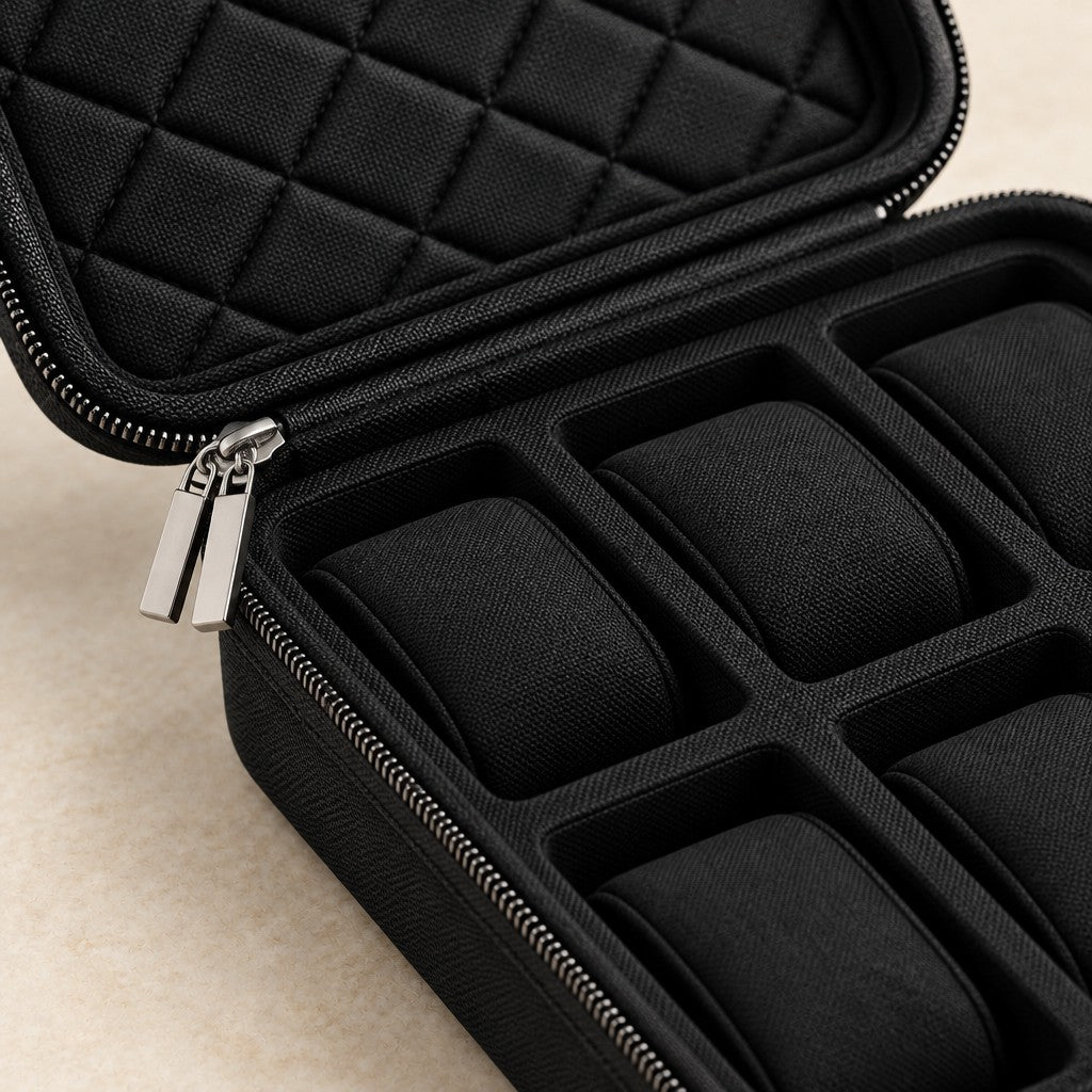 Close-up of the lining and hardware of the 6-slot black hard-shell travel watch case