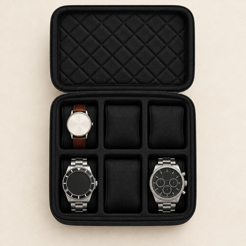 Top view of the 6-slot black hard-shell travel watch case with watches of different sizes