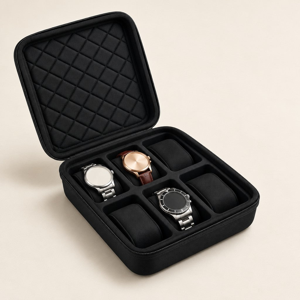 6-slot black hard-shell travel watch case, open