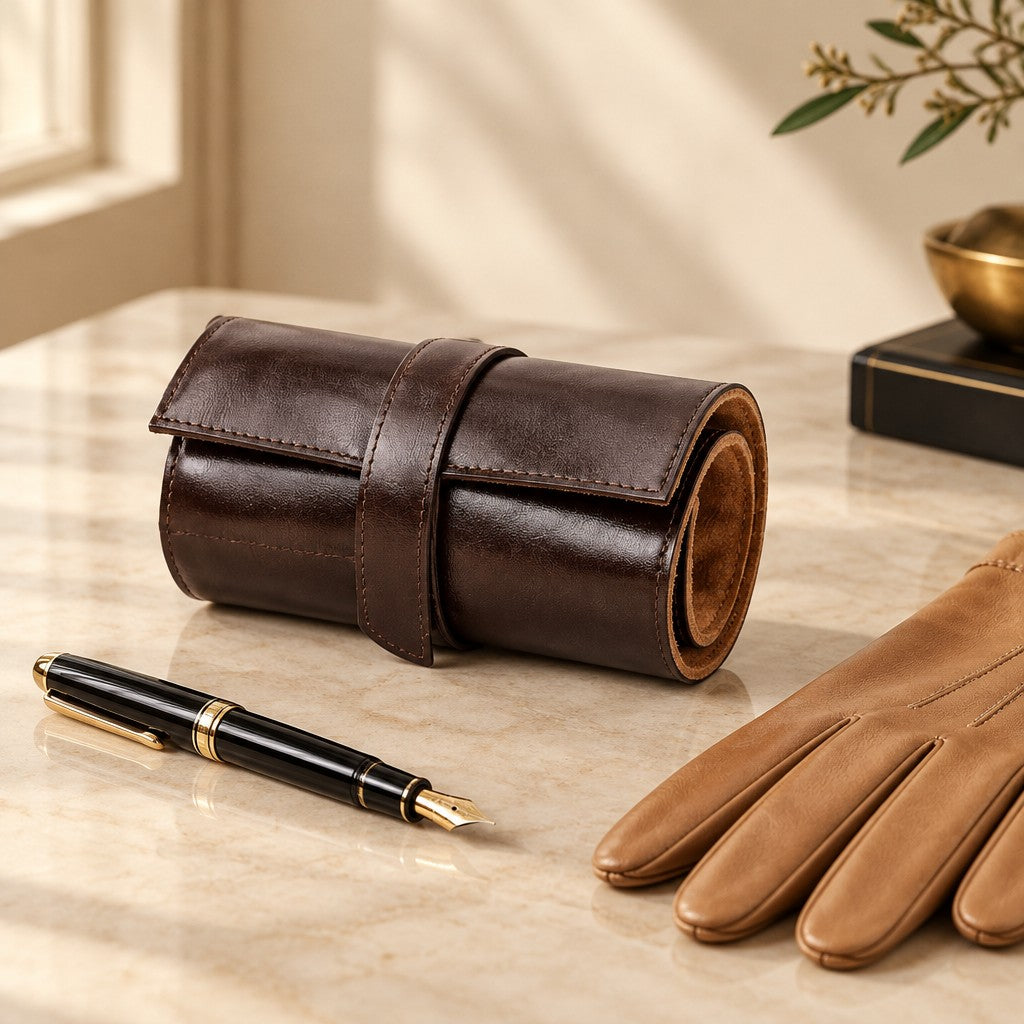 6-slot leather watch roll tied, beside a fountain pen and leather gloves