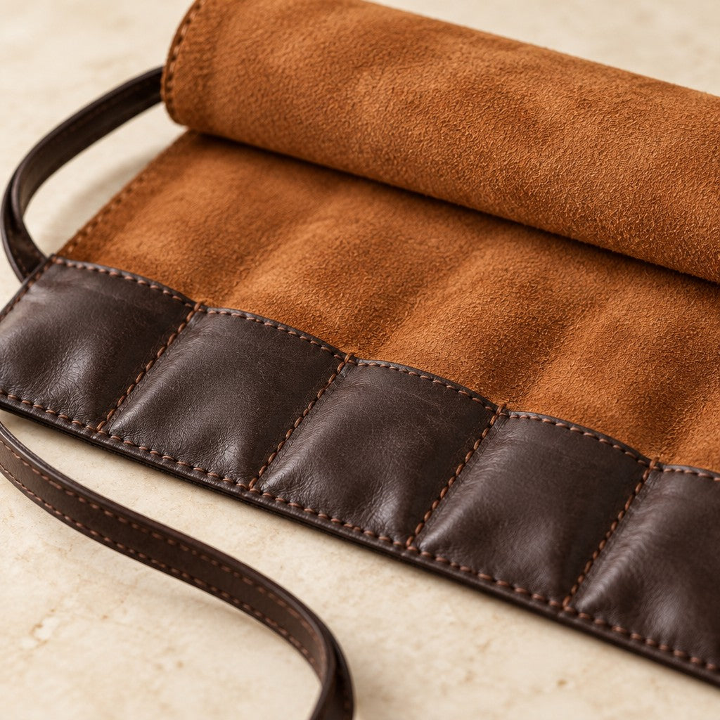 Close-up of the suede lining and leather stitching of the watch roll