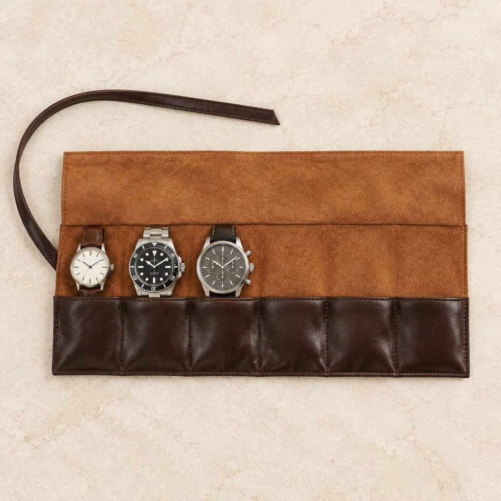 Top view of the leather watch roll with watches of different sizes