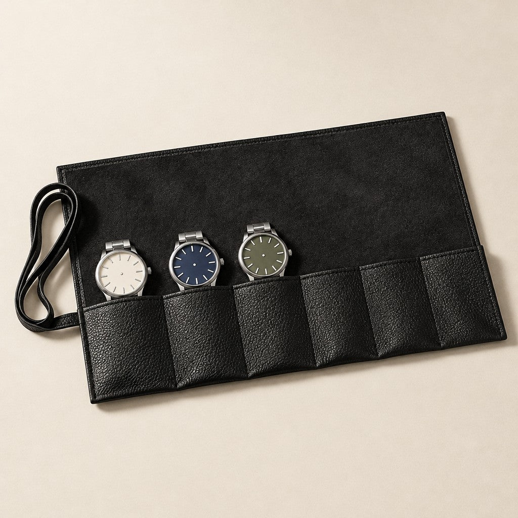 6-slot pebbled leather watch roll in black, open