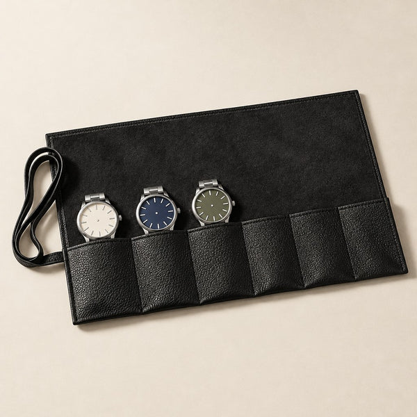 6-Slot Pebbled Leather Watch Roll