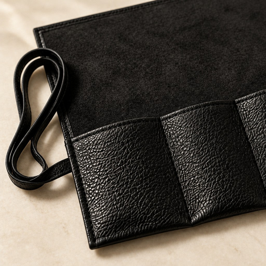 Close-up of the lining and hardware of the 6-slot pebbled leather watch roll