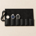 Top view of the 6-slot pebbled leather watch roll with watches of different sizes