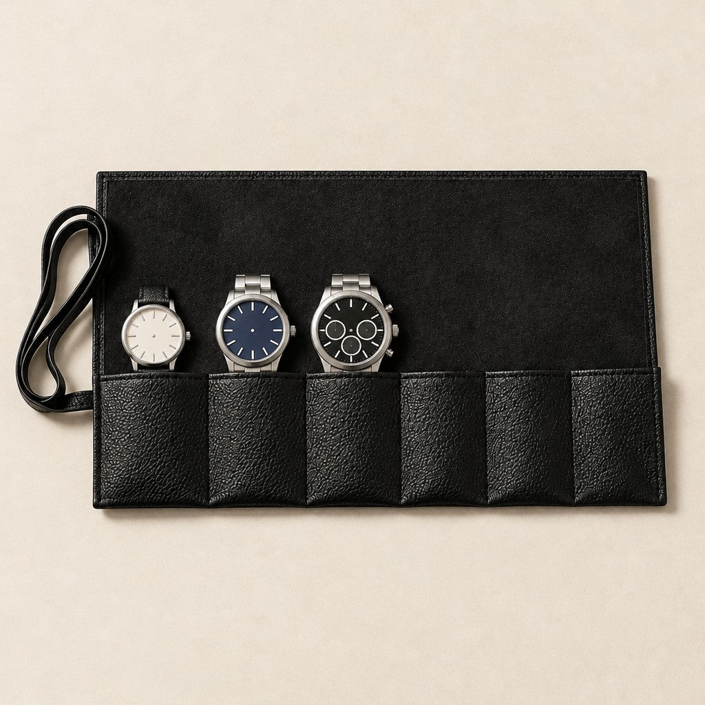Top view of the 6-slot pebbled leather watch roll with watches of different sizes