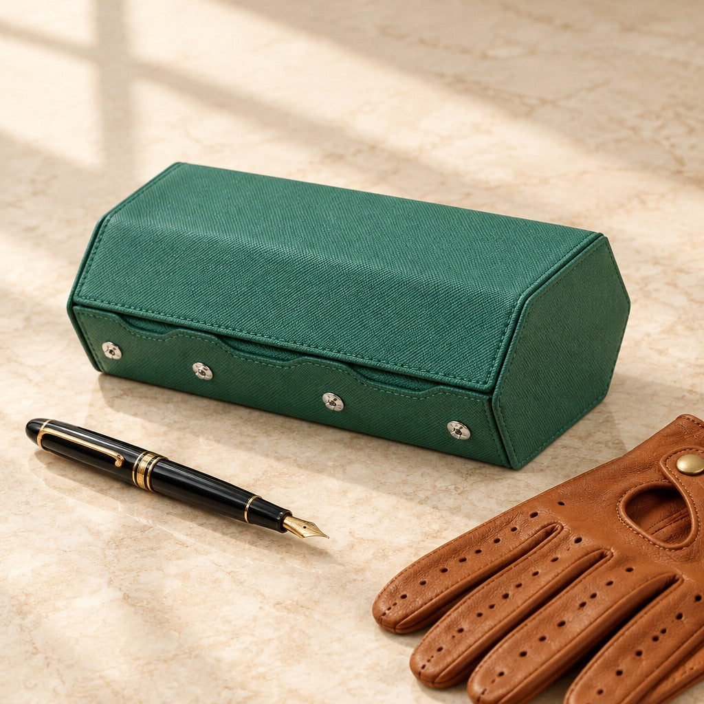 6-slot saffiano hexagon watch case closed, beside a fountain pen and leather gloves