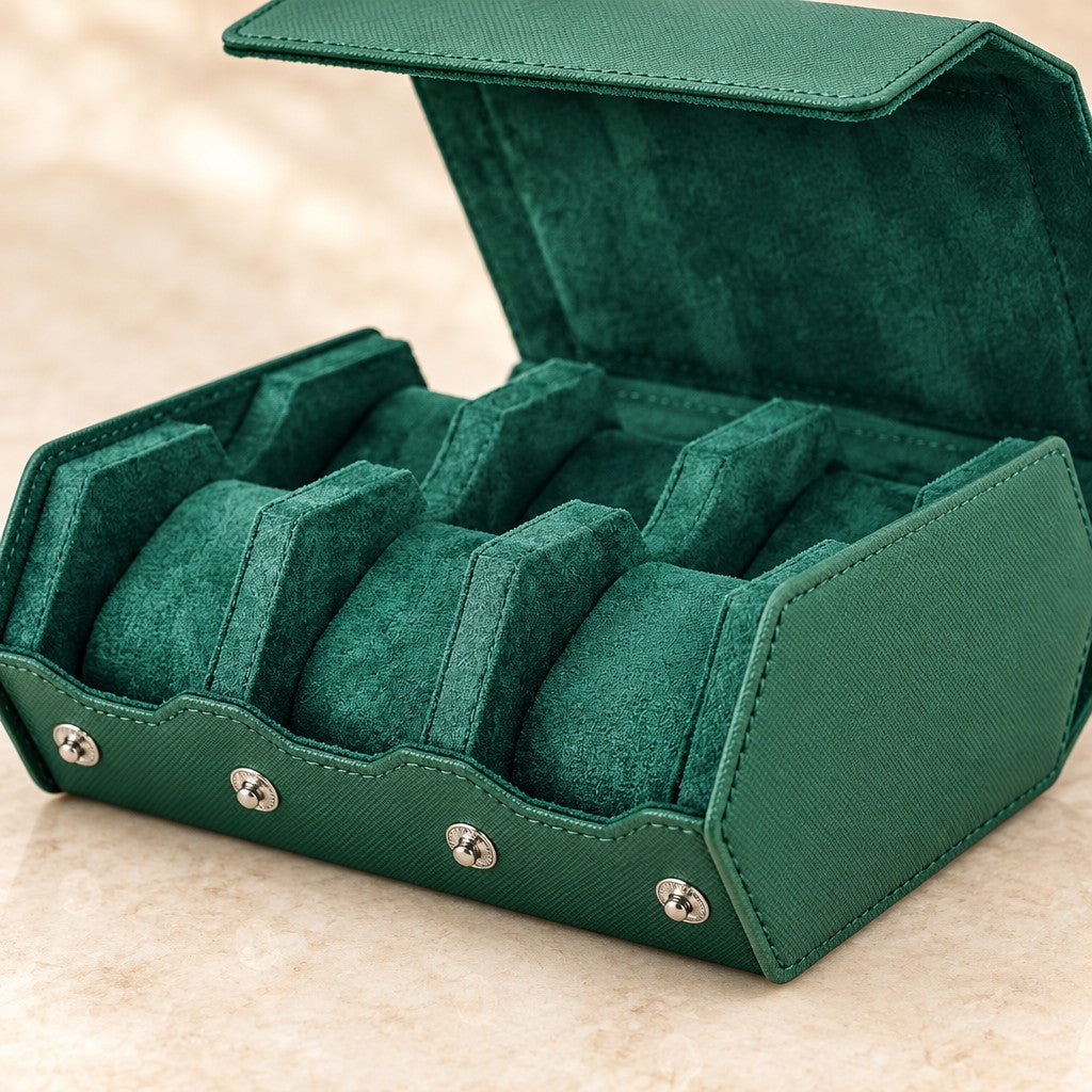 Close-up of the lining and hardware of the 6-slot saffiano hexagon watch case