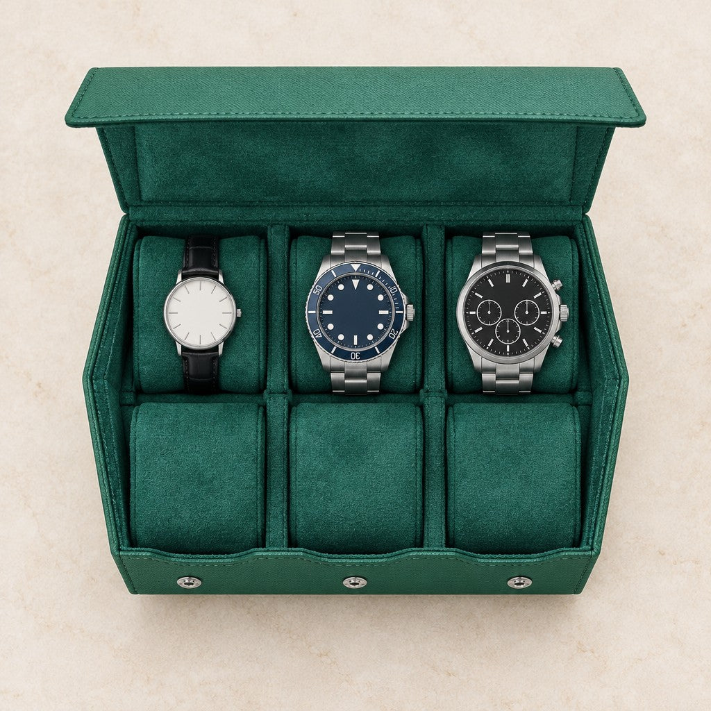 Top view of the open 6-slot saffiano hexagon watch case with watches of different sizes
