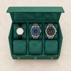 Top view of the open 6-slot saffiano hexagon watch case with watches of different sizes
