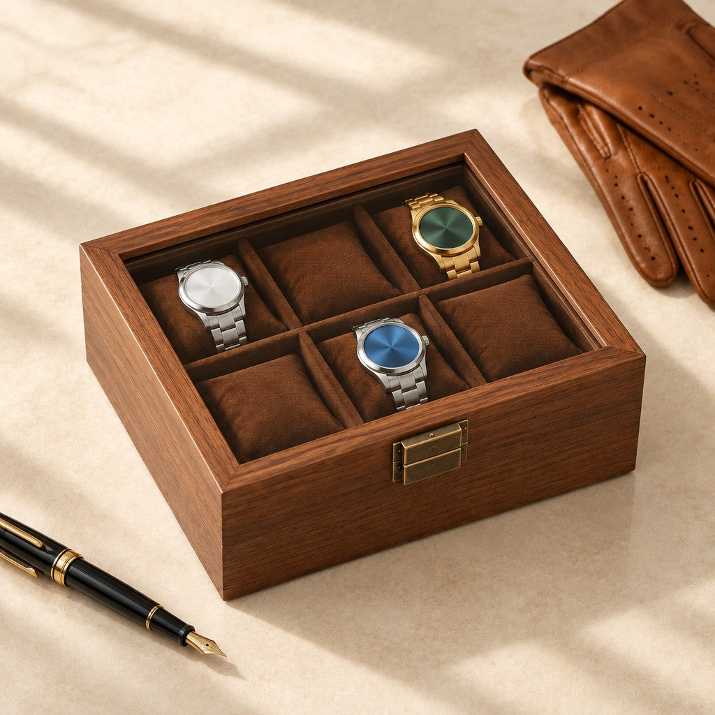 6-slot walnut watch box closed, beside a fountain pen and leather gloves