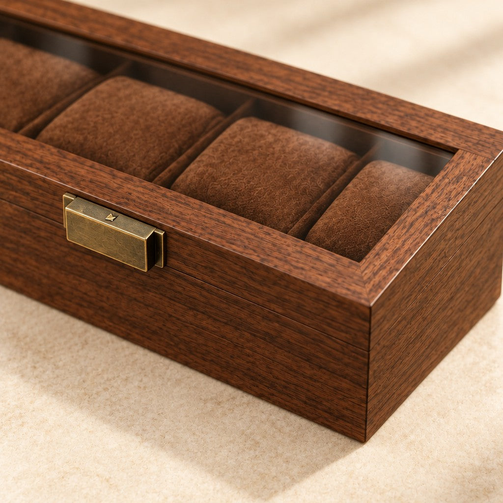 Close-up of the walnut grain and bronze-tone clasp of the 6-slot watch box