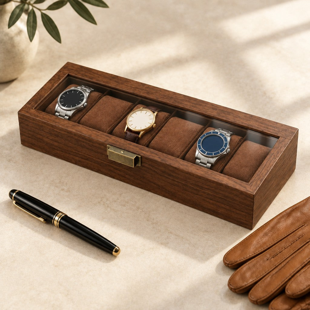 6-slot walnut watch box closed, beside a fountain pen and leather gloves