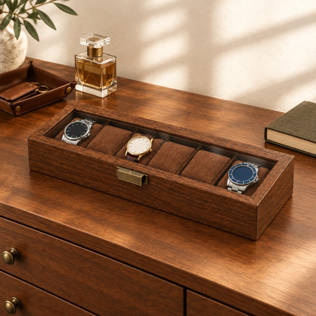 6-slot walnut watch box on a chest of drawers, for scale