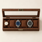 Top view of the 6-slot walnut watch box with a 36 mm, a 42 mm and a 45 mm watch