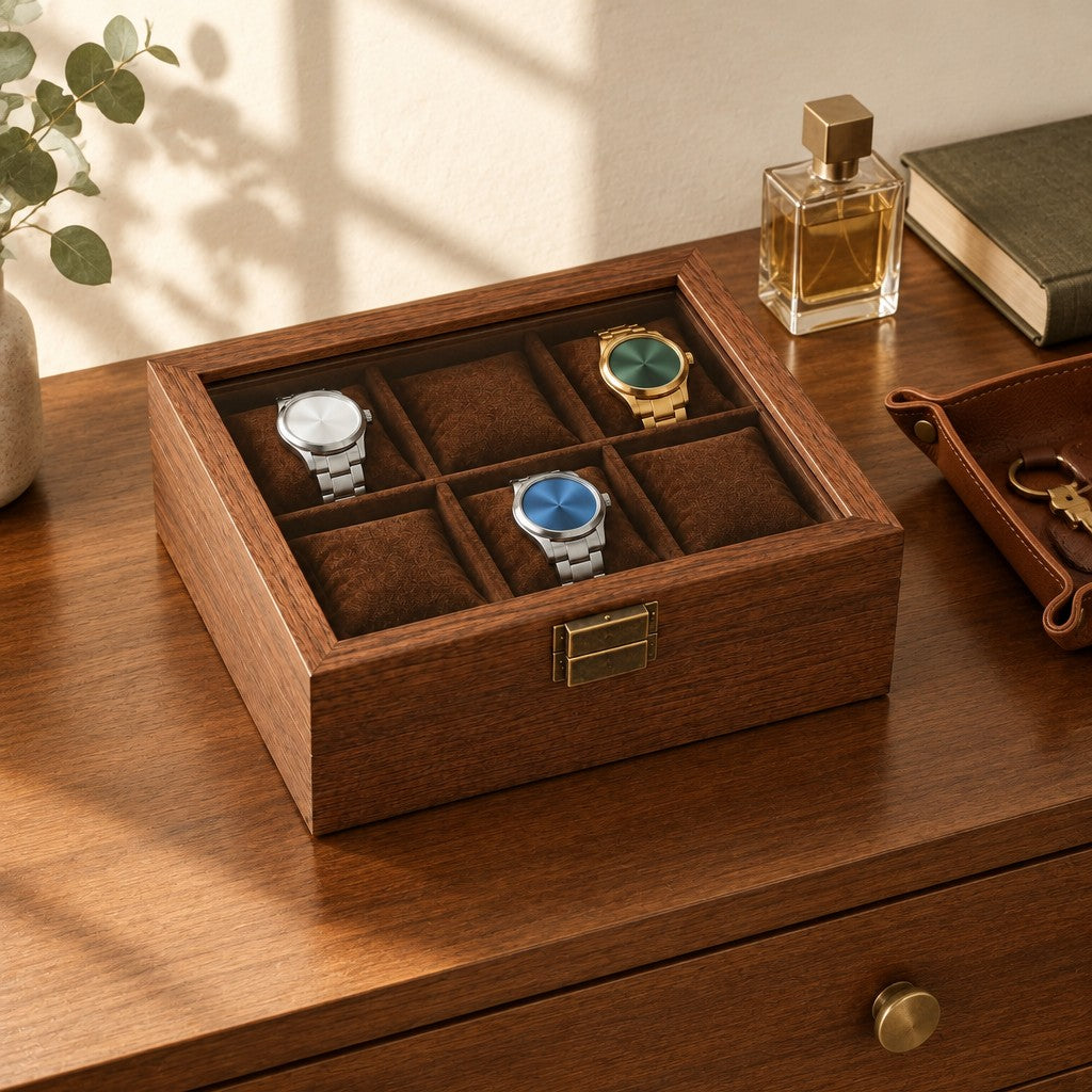 6-slot walnut finish watch box on a chest of drawers, for scale