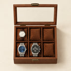 Top view of the 6-slot walnut finish watch box with a 36 mm, a 42 mm and a 45 mm watch