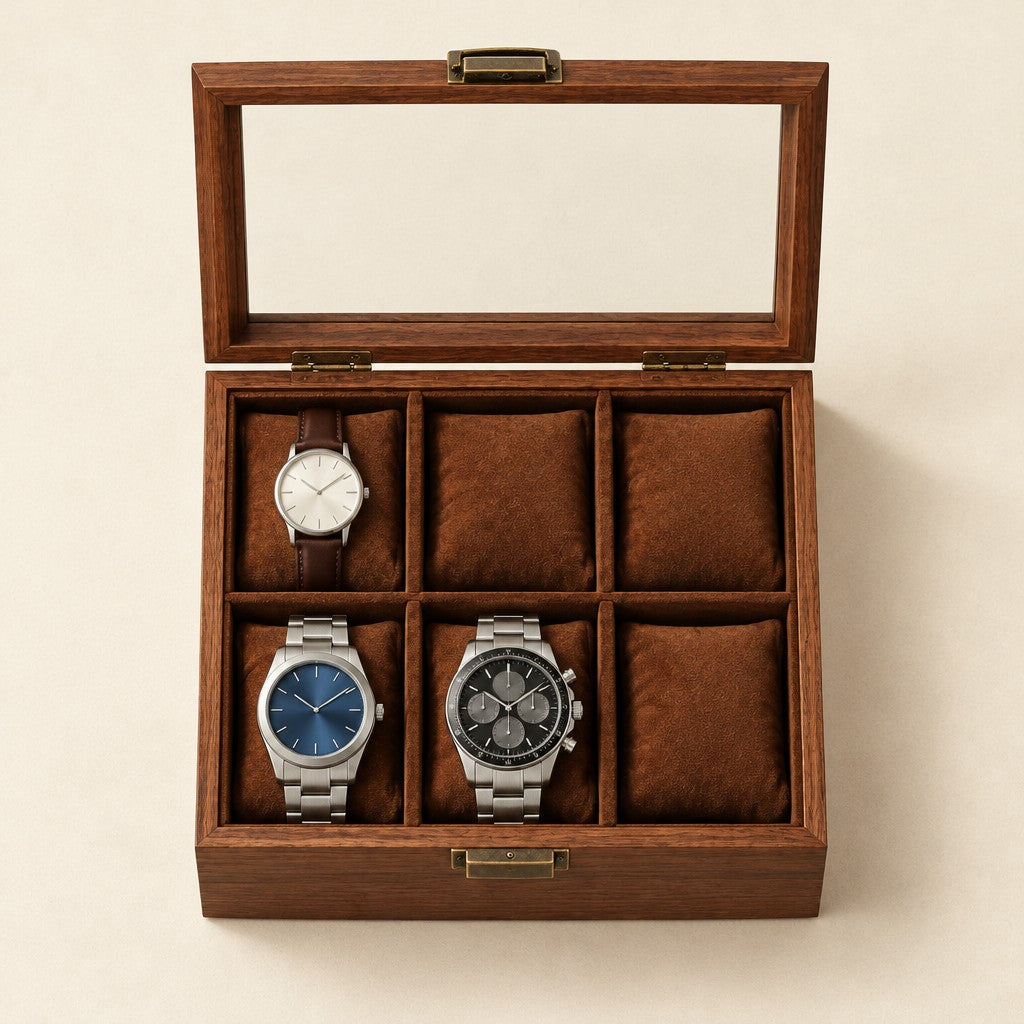 Top view of the 6-slot walnut finish watch box with a 36 mm, a 42 mm and a 45 mm watch