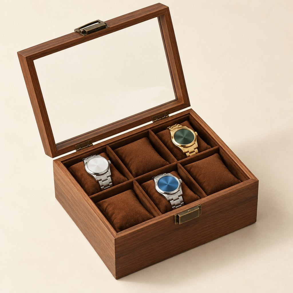 6-slot walnut finish watch box, two rows of three, glass lid open