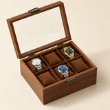 6-slot walnut finish watch box, two rows of three, glass lid open