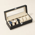 6-slot watch box with clear lid in black faux leather, open