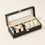 6-slot watch box with clear lid in black faux leather, open
