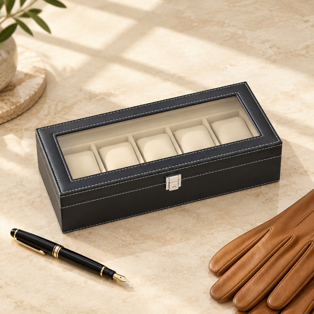6-slot watch box with clear lid closed, beside a fountain pen and leather gloves