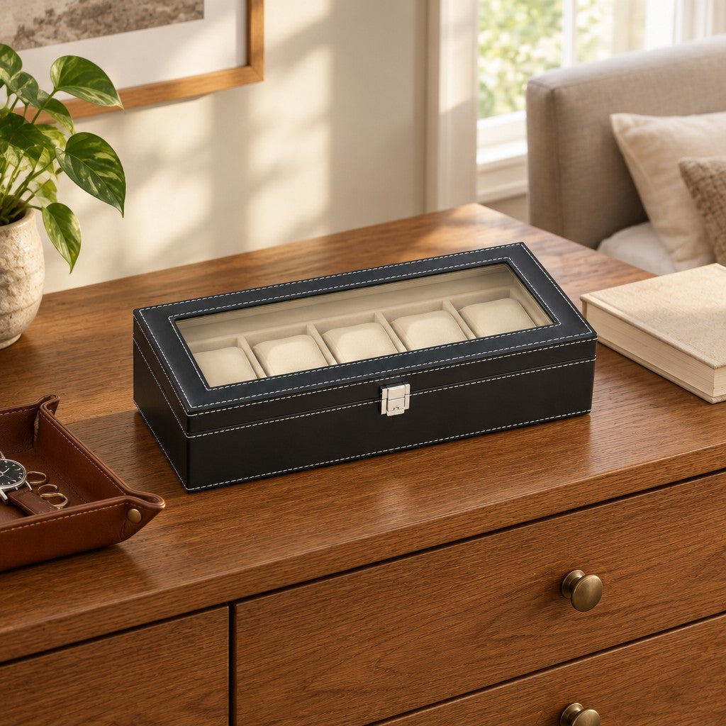 6-slot watch box with clear lid shown at scale