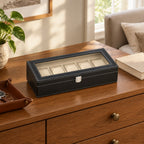 6-slot watch box with clear lid shown at scale