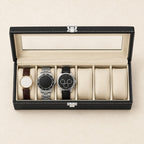 Top view of the 6-slot watch box with clear lid with watches of different sizes