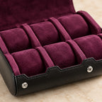 Close-up of the plum velvet pillows and snap of the watch case
