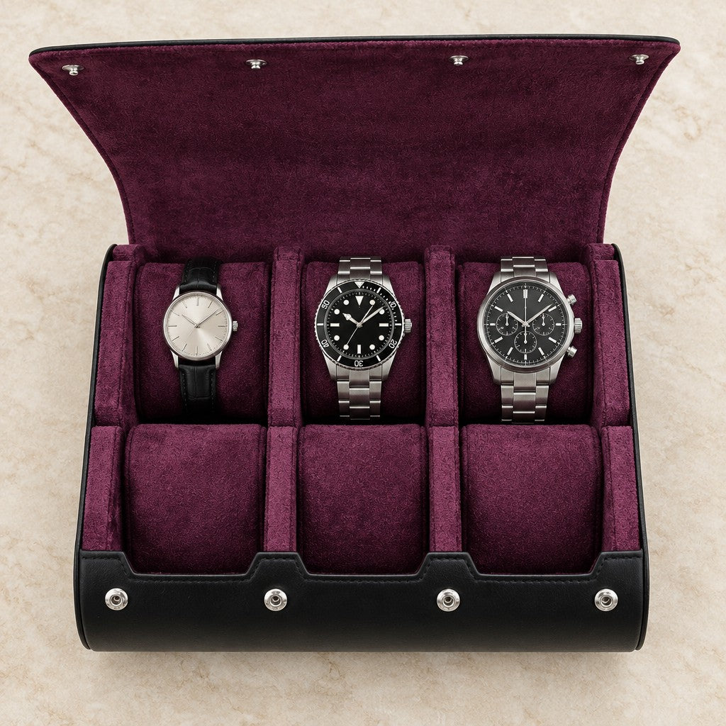 Top view of the 6-slot case with watches of different sizes