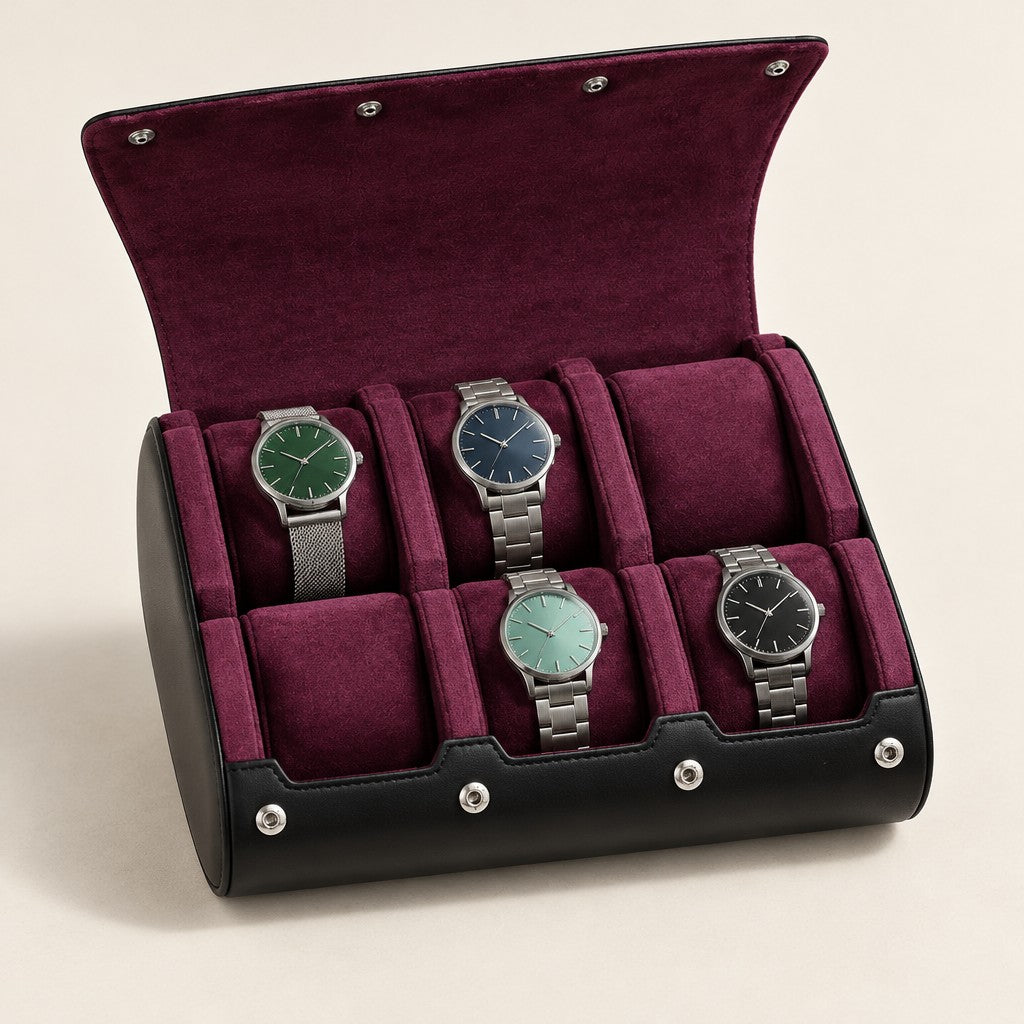 6-slot watch travel case open with plum interior and three watches