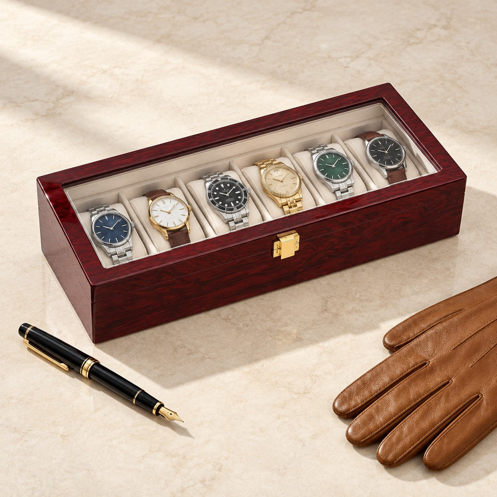6-slot wooden watch box closed, beside a fountain pen and leather gloves