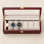 Top view of the 6-slot wooden watch box with a 36 mm, a 42 mm and a 45 mm watch