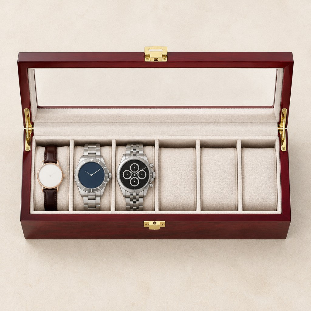 Top view of the 6-slot wooden watch box with a 36 mm, a 42 mm and a 45 mm watch