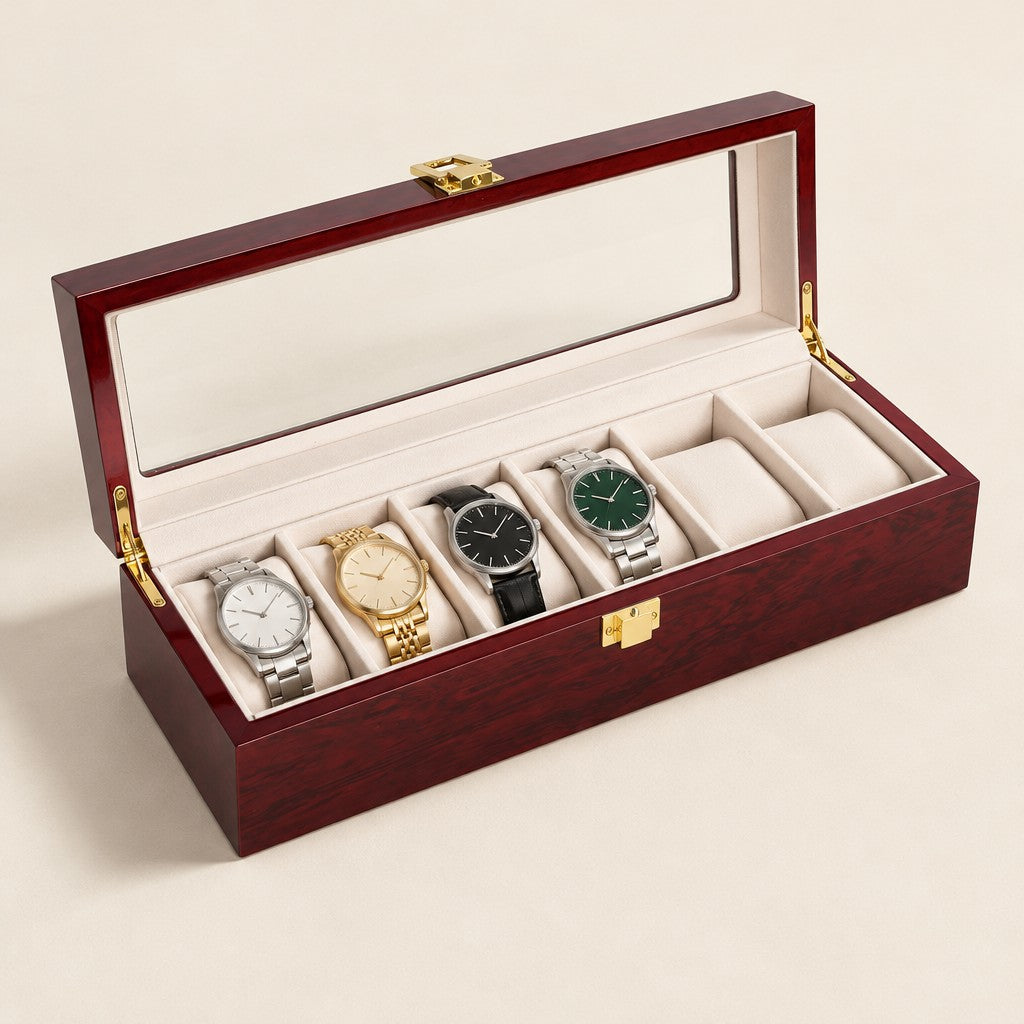 6-slot lacquered wooden watch box with the clear lid open