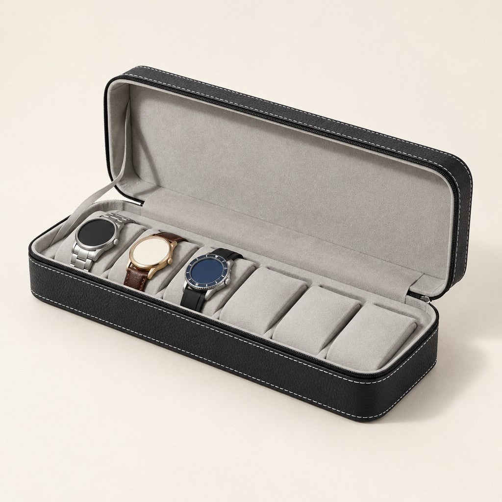 Black 6-slot zippered watch case open, three watches on grey pillows