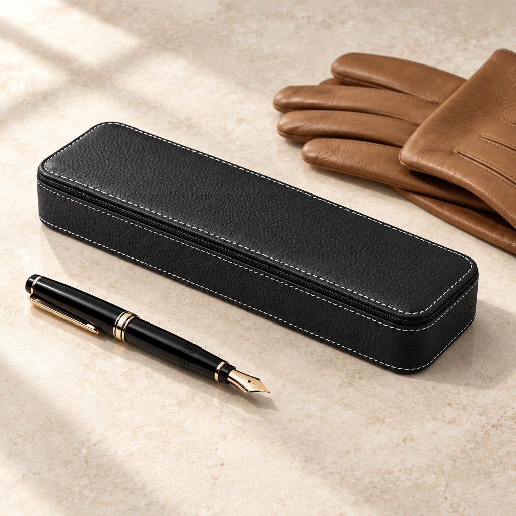 6-slot zippered watch case closed, beside a fountain pen and leather gloves
