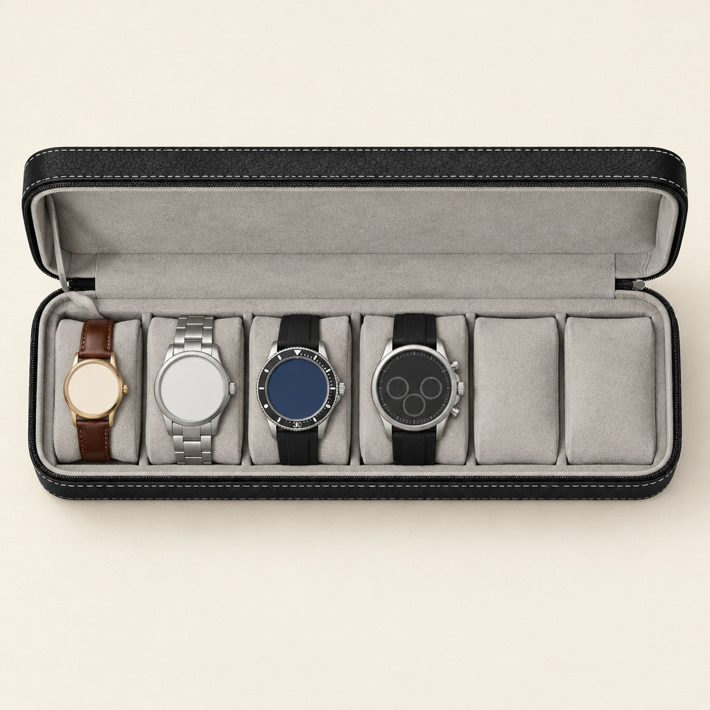 Top view of the 6-slot case holding watches of different sizes