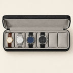 Top view of the 6-slot case holding watches of different sizes