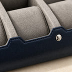 Close-up of the lining and hardware of the 6-watch faux leather travel case