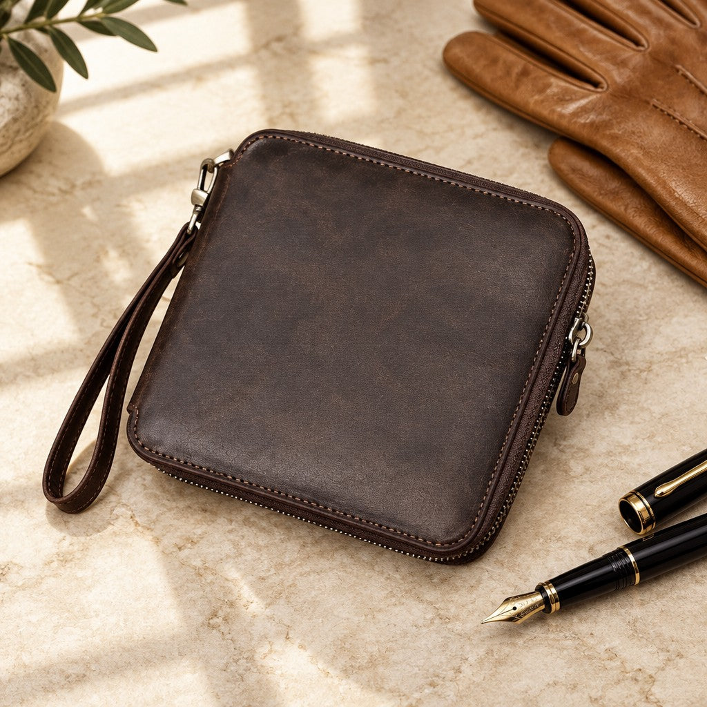 6-watch brown leather zip travel case closed, beside a fountain pen and leather gloves