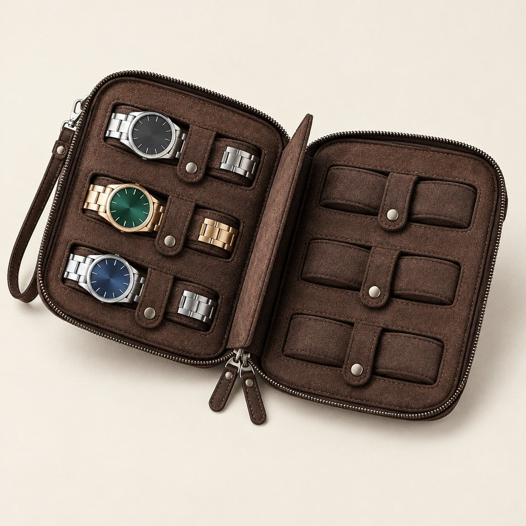 6-watch brown leather zip travel case, open