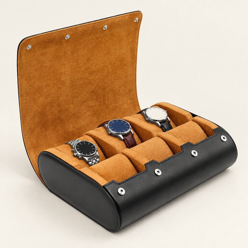 6-watch black roll travel case in black with tan, open