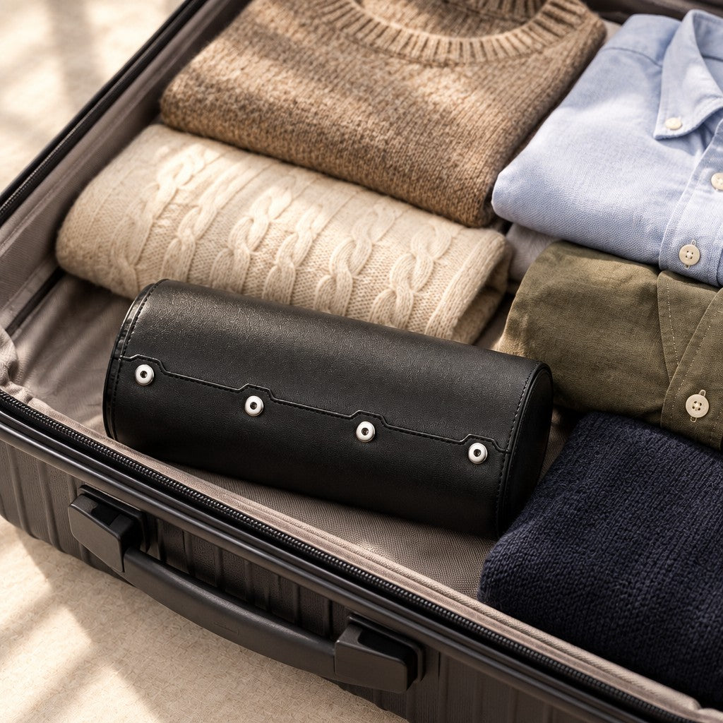 6-watch black roll travel case shown at scale