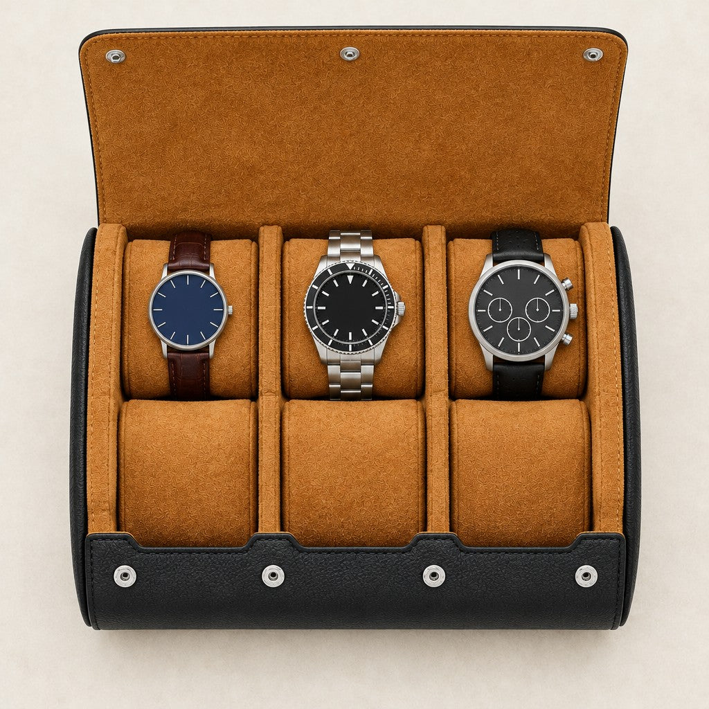Top view of the 6-watch black roll travel case with watches of different sizes