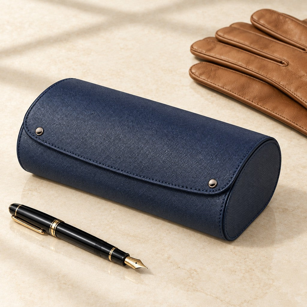 6-watch travel roll case closed, beside a fountain pen and leather gloves