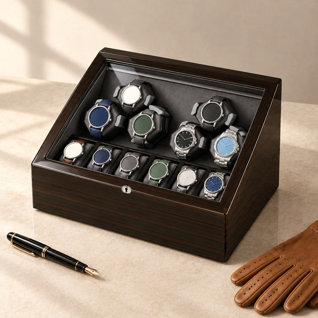 6-watch winder box closed, beside a fountain pen and leather gloves
